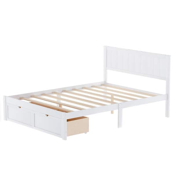 URTR 57 in.W White Wood Frame Full Size Bed with Storage Drawers, Full Size Platform Bed, Wooden Platform Storage Bed