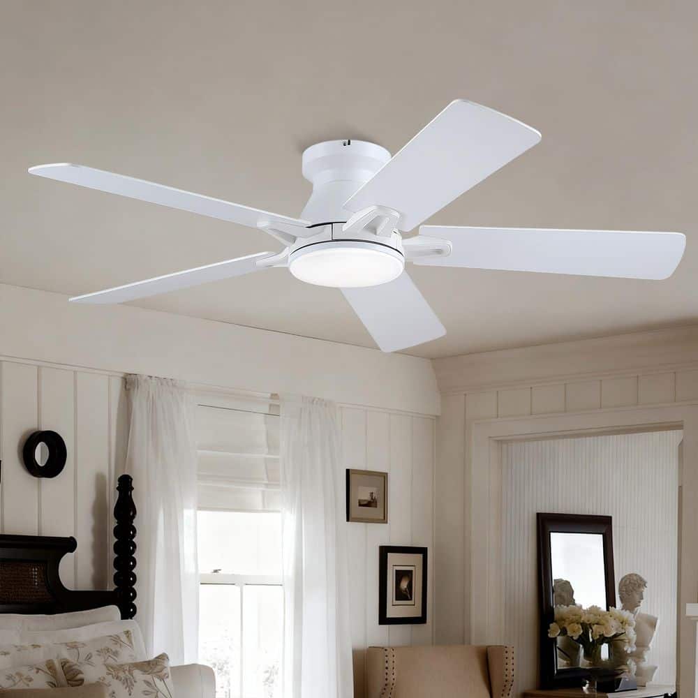 52 in. Indoor Integrated LED Light Flush Mount White Ceiling Fan with Reversible DC Motor and Remote Control price history on PriceWatchPro