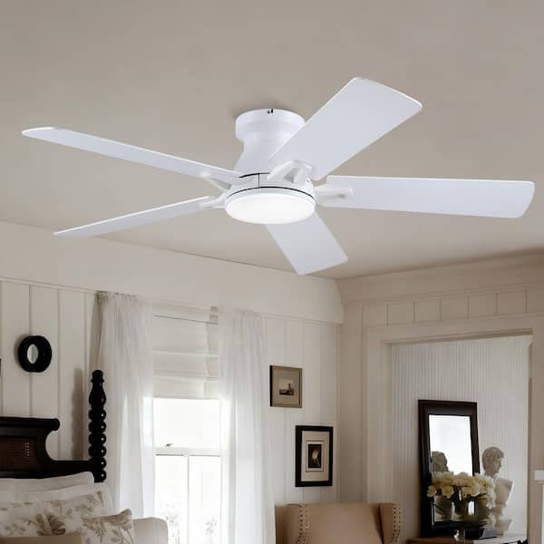 52 in. Indoor Integrated LED Light Flush Mount White Ceiling Fan with Reversible DC Motor and Remote Control