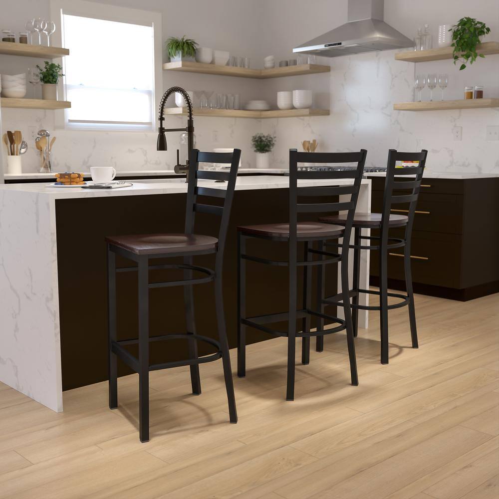 Walnut Wood and Black Metal Ladder Back Barstool