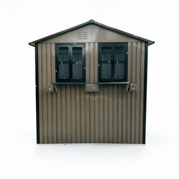 Brown 6 ft. W x 9 ft. D Metal Shed Outdoor Storage Sheds with Window & Flower Rack, Lockable Double Doors (54 sq. ft.)