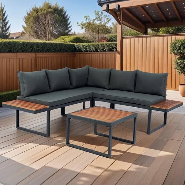 Runesay Black 4-Piece Metal Outdoor Sectional Set with Dark Grey Cushions and Side Table