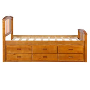 79 IN. Oak Wood Frame Twin Platform Bed with 6 Drawers