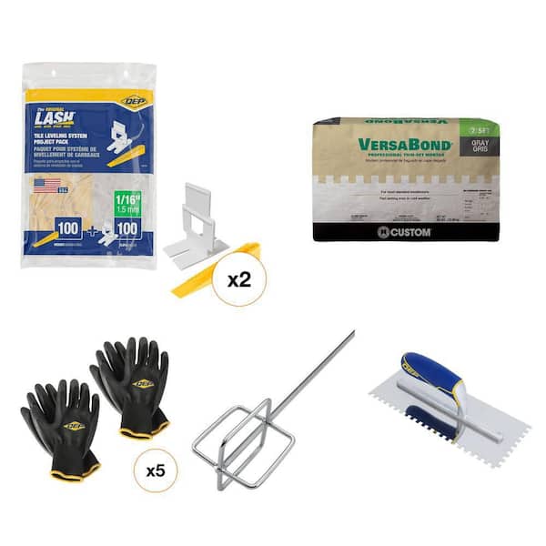 Thinset Mortar, Mixing Paddle, Tile Leveling Clips/Wedges, Trowel, and Gloves Combo (206-Piece)