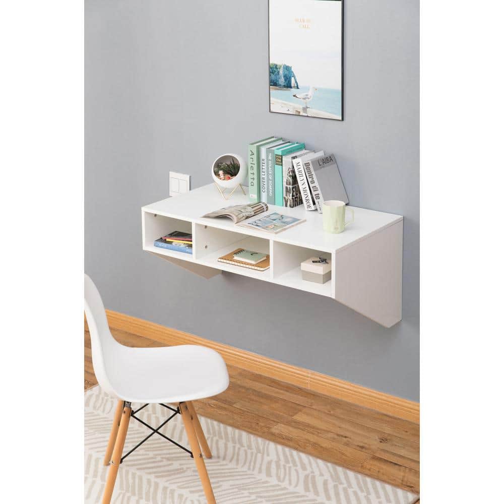 Sleek White Wall-Mounted Computer Desk with Storage Compartments