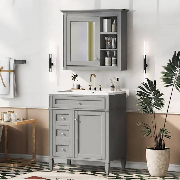 tunuo 30 in. W Gray Wood Top Bath Vanity with Mirror, Storage Cabinet with 2 Drawers and a Tip-out Drawer in Gray