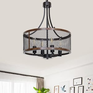 Farmhouse 4-Light Oil Black and Wood Painted Finish Drum Metal Chandeliers