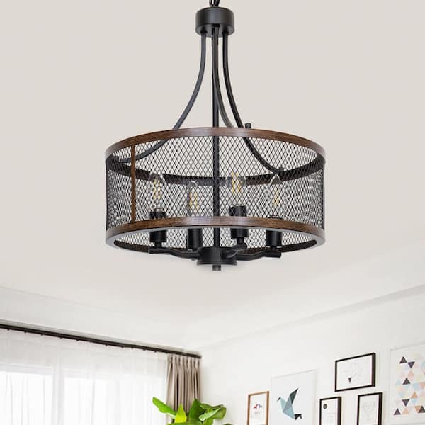 YANSUN Farmhouse 4-Light Oil Black and Wood Painted Finish Drum Metal Chandeliers