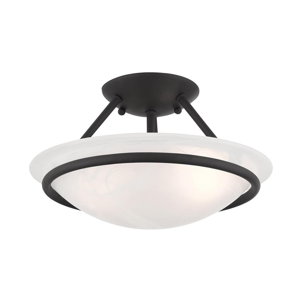 Lustrous Black Nickel 2-Light Semi Flush Mount with White Alabaster Glass Bowl