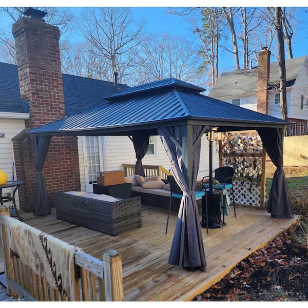 12 ft. x 16 ft. Gray Aluminum Hardtop Gazebo Canopy with Netting and Curtains