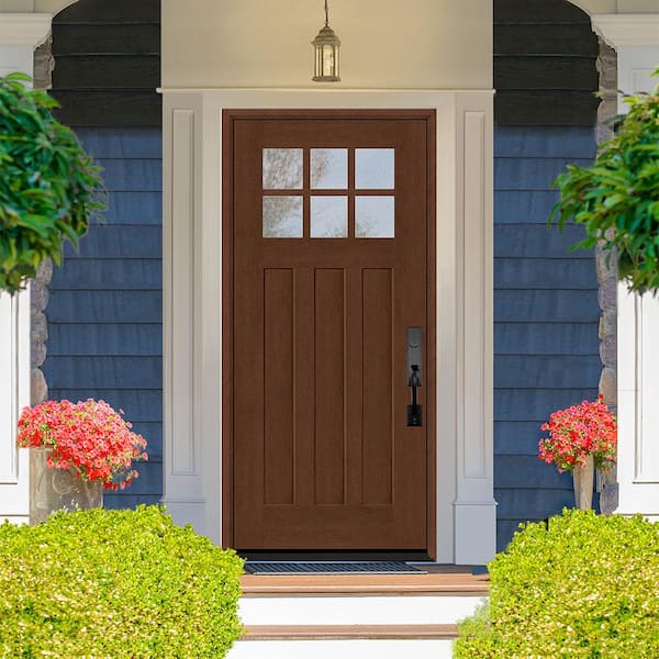 Regency 32 in. x 80 in. 6-Lite Top Lite Clear Glass LHIS Chestnut Stain Mahogany Fiberglass Prehung Front Door