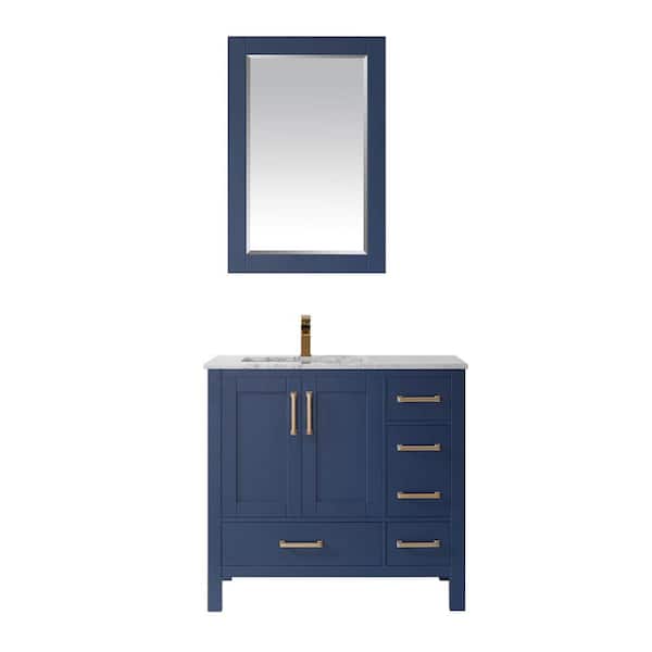 ROSWELL Shannon 36 in. Bath Vanity in Blue with Carrara Marble Vanity Top in White with White Basin and Mirror