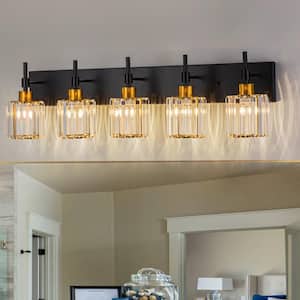 33.1 in. 5 Lights Black Gold Dimmable Modern Bathroom Vanity Light with Crystal Shades