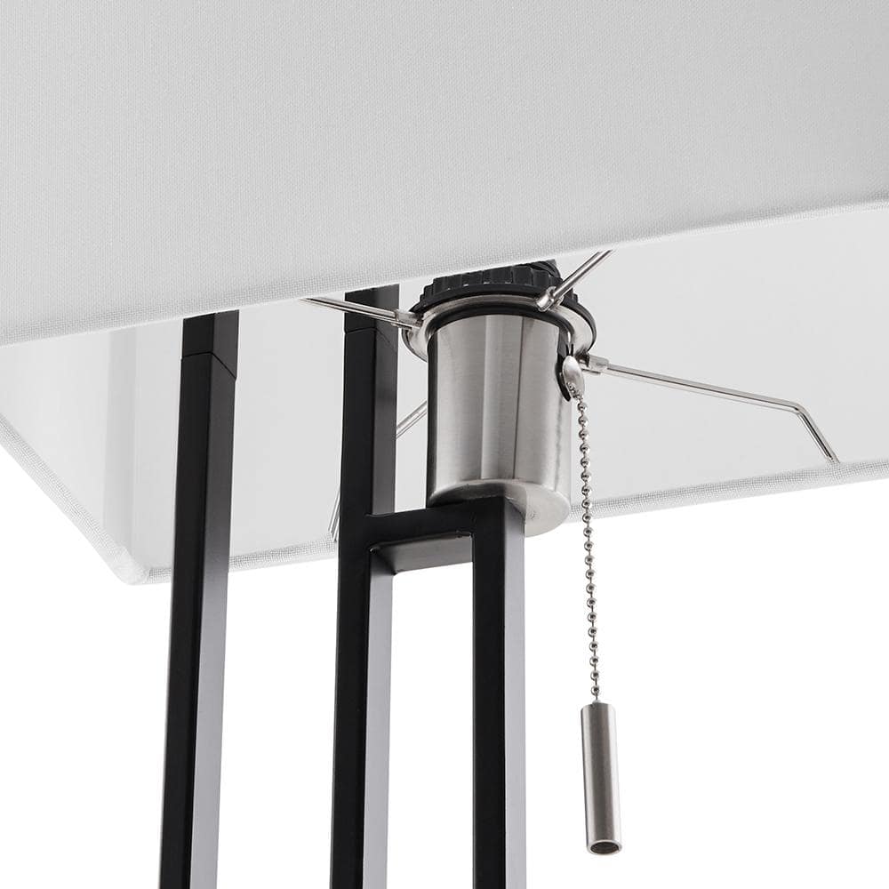Matte Black and Brushed Nickel Table Lamp with USB Port and White Linen Shade