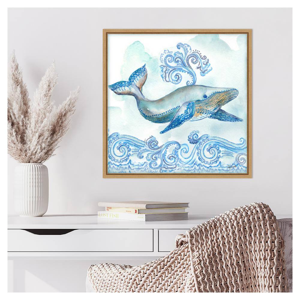 Boho Shells II Whale Blue Canvas Print with Maple Frame