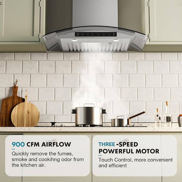 29.3 in. Wall Mount Range Hood Tempered Glass 900 CFM in Stainless Steel with LED Light and Remote Control