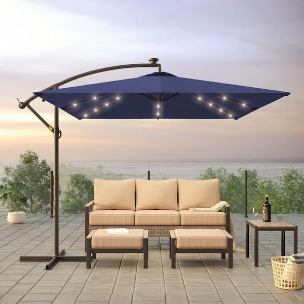 8.2 ft. x 8.2 ft. Patio Offset Cantilever Umbrella With LED Lights, Rectangular Canopy, Steel Pole and Ribs in Navy Blue