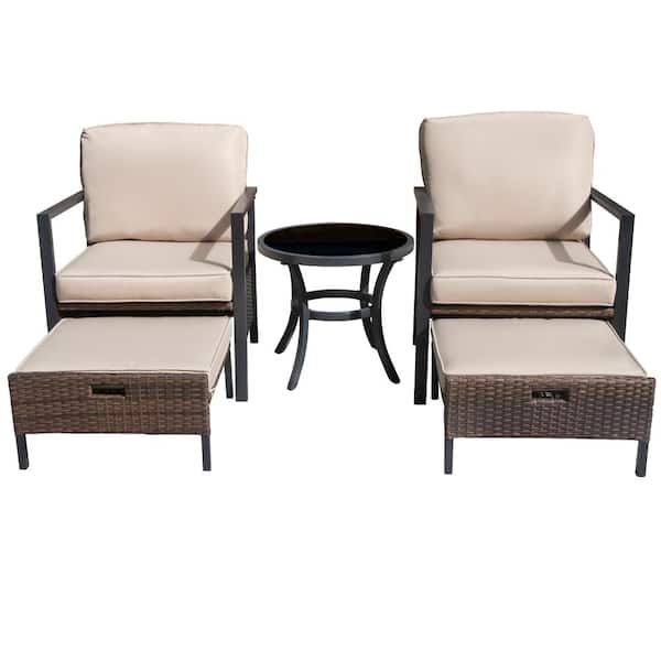 Unbranded 5-Piece Wicker Rattan Patio Conversation Set with Beige Cushions with Glass Top Side Table