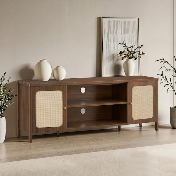Aaron Walnut TV Stand Fits TVs up to 70 in. with 2 Storage Cabinets and 2-tier open shelf ,Soft-Close Hinges,Cable Ports