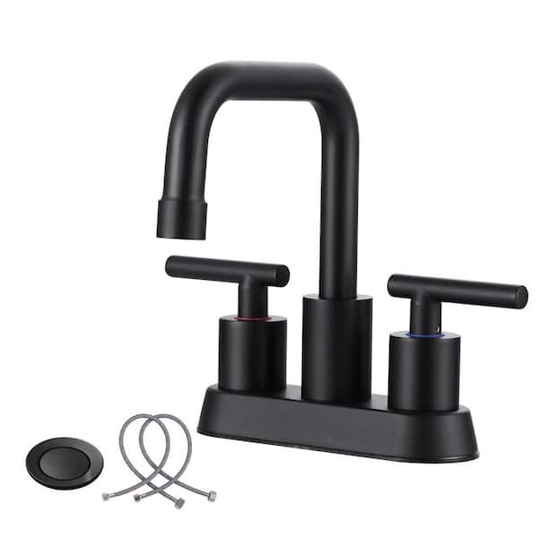 4 in. Centerset Double Handle Stainless Steel Bathroom Faucet with Pop Up Drain and Water Supply Lines in Matte Black