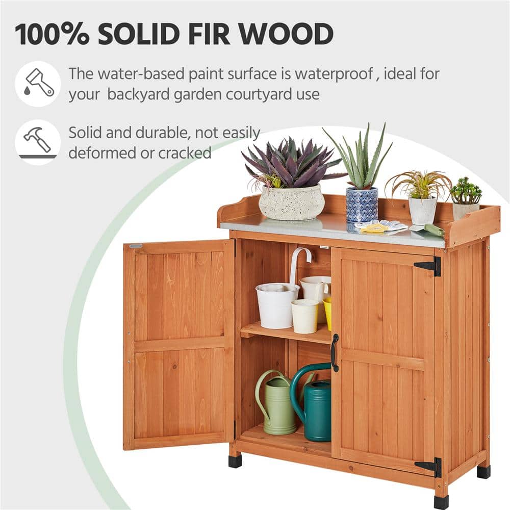Brown Fir Wood Garden Potting Bench with Metal Tabletop