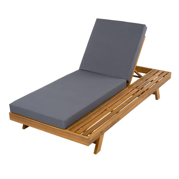 Teak Wood Outdoor Chaise Lounge with Dark Gray Cushions Water Resistan