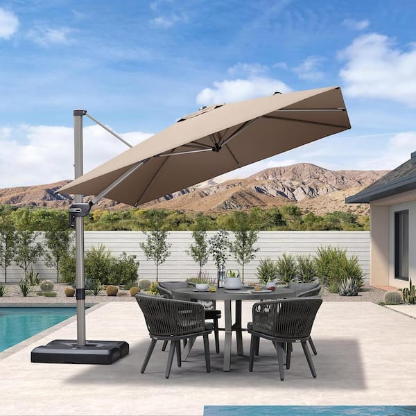 PURPLE LEAF 9 ft. Square Outdoor Patio Cantilever Umbrella Light Champagne Aluminum Offset 360° Rotation Umbrella with Base, Taupe