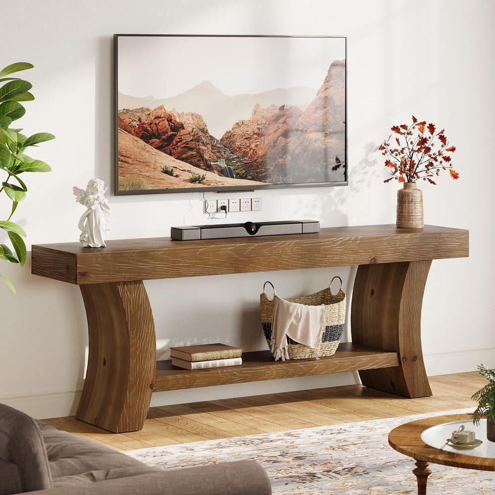 Ezlynn Dark Brown 63 in. Solid Wood TV Stand TV Console Low Entertainment Center Fits TV's up to 70 in. for Living Room price history on PriceWatchPro