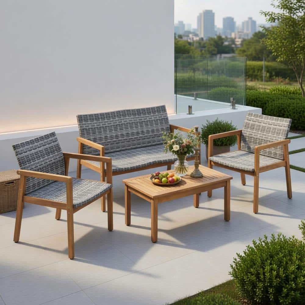 4-Piece Gray PE Rattan Set – Loveseat, Armchairs & Slatted Acacia Coffee Table for Courtyard price history on PriceWatchPro