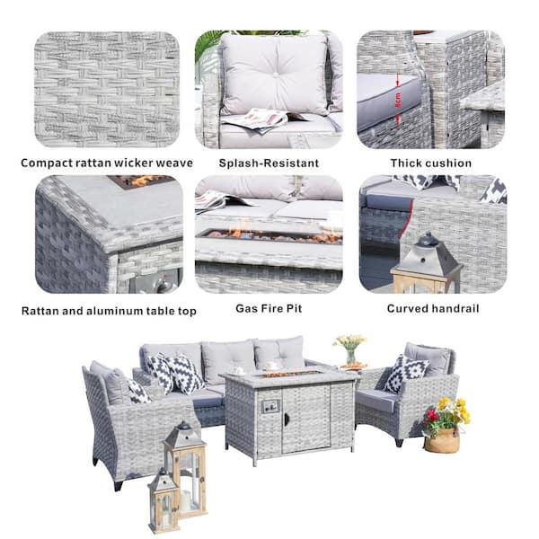 DIRECT WICKER Maxwell 5-Pieces Wicker Patio Fire Pit Sectional