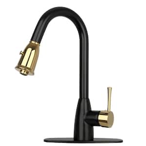One-Handle Matte Black and Gold Pull Down Kitchen Faucet with Deck Plate