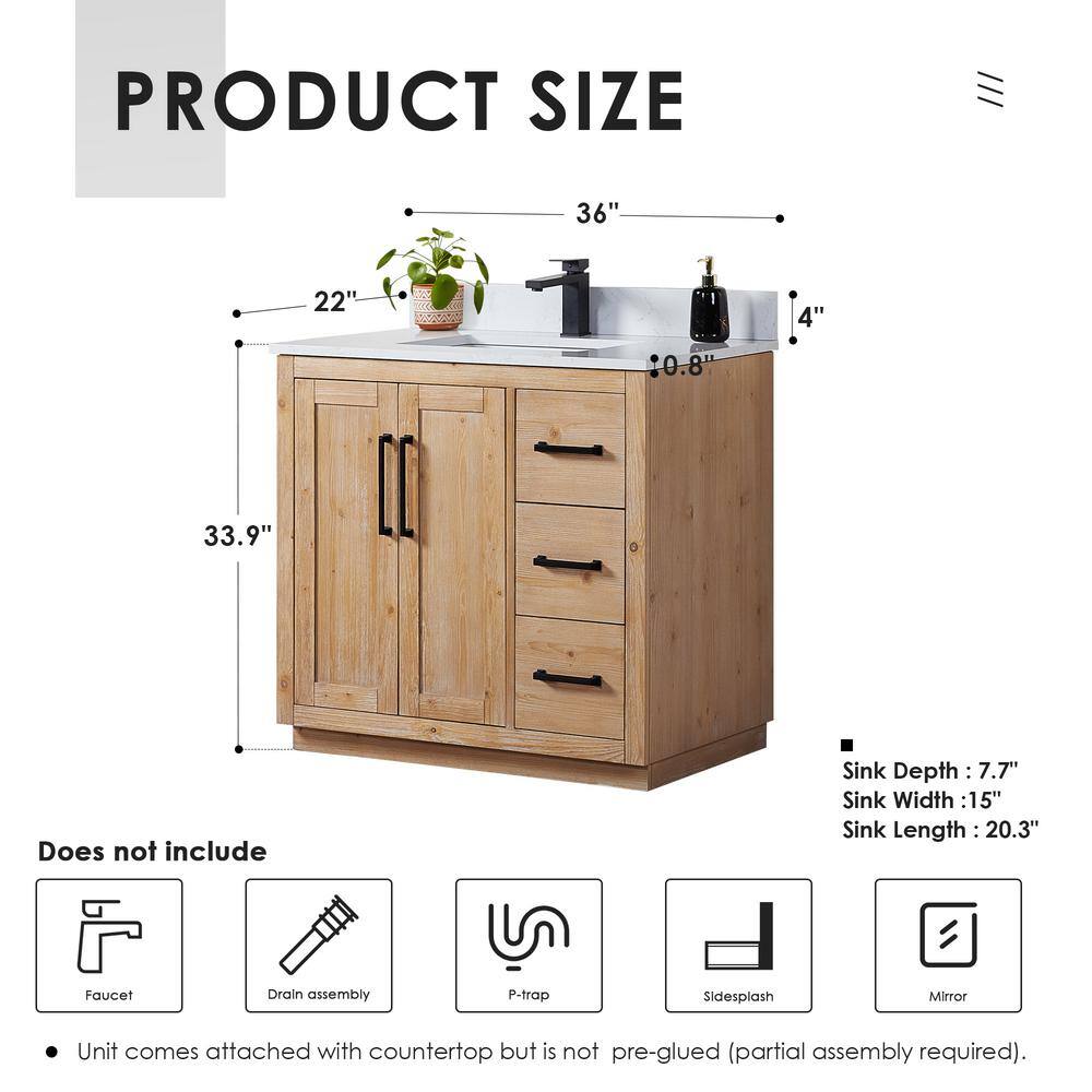 Cicero 36" Light Brown Fir Wood Vanity with White Stone Top