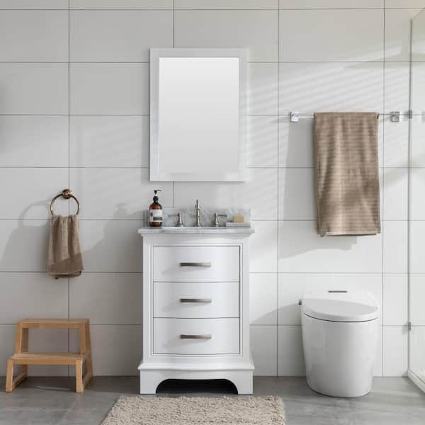 SUDIO Monroe 24 in. W x 22 in. D Bath Vanity in White with Natural Marble Vanity Top in Carrara White with White Sink