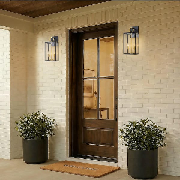 Rowan 8.86 in. 2-Light Modern Black and Brass Lantern Outdoor Wall Sconce with Clear Glass