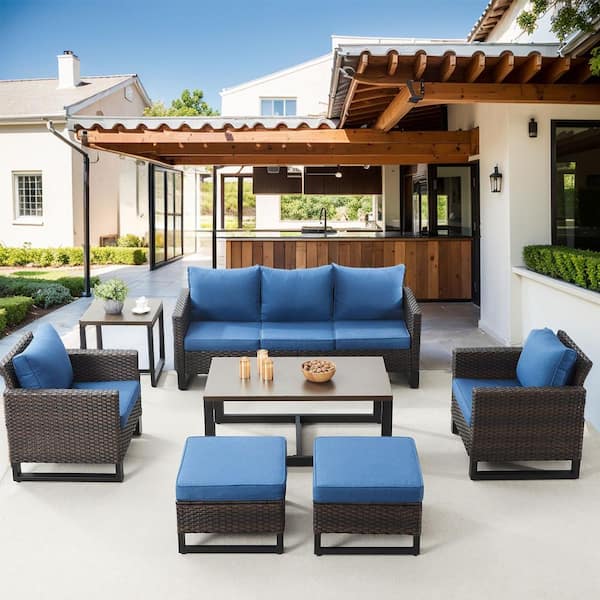 Gymojoy Valenta Brown 7-Piece Wicker Patio Conversation Seating Set with Blue Cushions