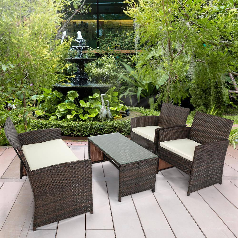 Nestfair Dark Brown 4-Piece Wicker Patio Conversation Set with Beige ...