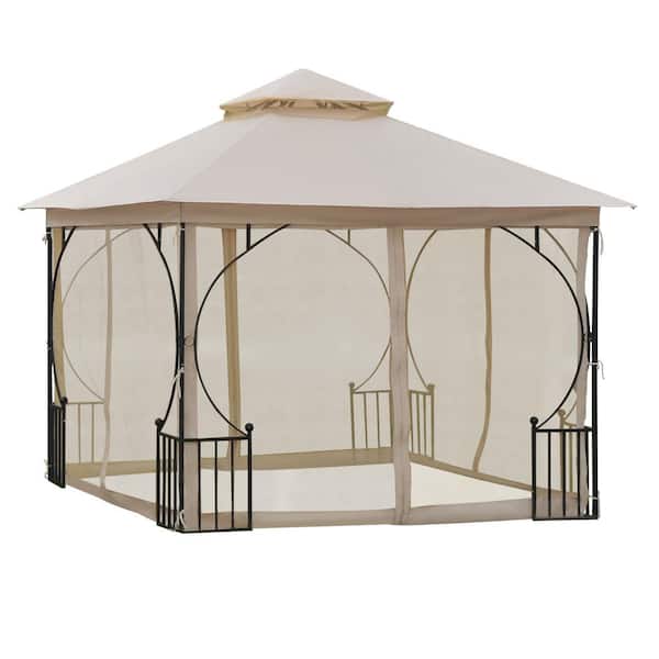 Tenleaf 10 ft. x 10 ft. Beige Double Roof Outdoor Patio Gazebo Canopy Shelter with Netting, Steel Corner Frame