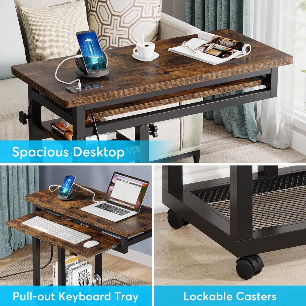 Kerlin 31.5 in. Rustic Brown Adjustable C-Shaped End Table with Power Outlets and Wheels