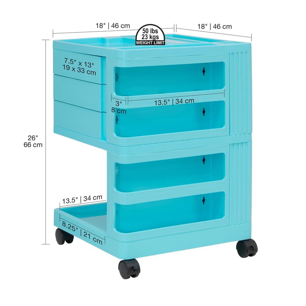 Turquoise Rotating Plastic Mobile Storage Cart with Multiple Compartments