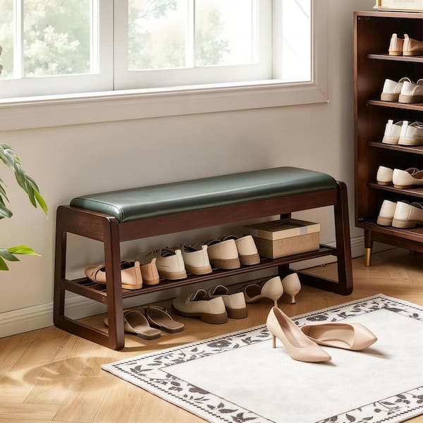 16.93 in. H x 31.5 in. W Green Solid Wood Shoe Storage Bench with Premium PU Leather Seat