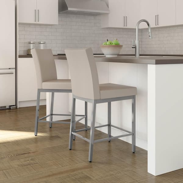 Perry 30 in. Glossy Grey Metal Beige Polyurethane Bar Stool