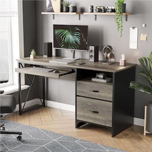 55 in. Desk with 2 Drawers Industrial Style Office Desk with Keyboard Tray Dark Retro Grey Oak