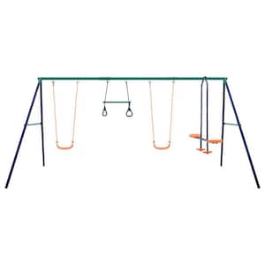 Outdoor Steel Swing Set with Gymnastic Rings and 4 Seats