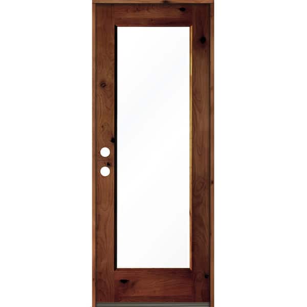 Krosswood Doors 32 in. x 80 in. Rustic Knotty Alder Wood Clear Full-Lite Red Chestnut Stain Right Hand Inswing Single Prehung Front Door