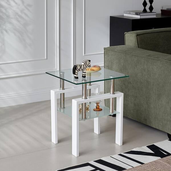 Zeus & Ruta White Tempered Clear Glass End Table, 2-Layers Small