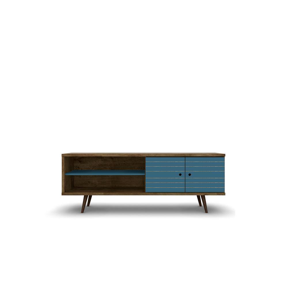 Rustic Brown and Aqua Blue 63" MDF TV Stand with Cabinet