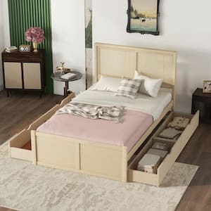 Natural Yellow Wood Frame Full Size Platform Bed with 4 Storage Drawers, Rattan Headboard