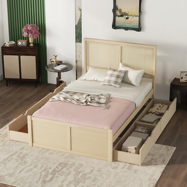 Harper Bright Designs Natural Yellow Wood Frame Full Size Platform Bed with 4 Storage Drawers Rattan Headboard QHS417AAN F