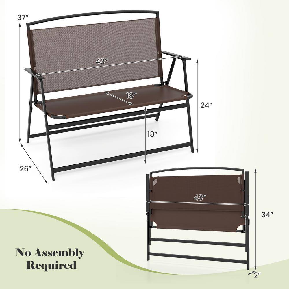 Brown Metal Foldable 2-Person Outdoor Garden Bench with Backrest and Armrests