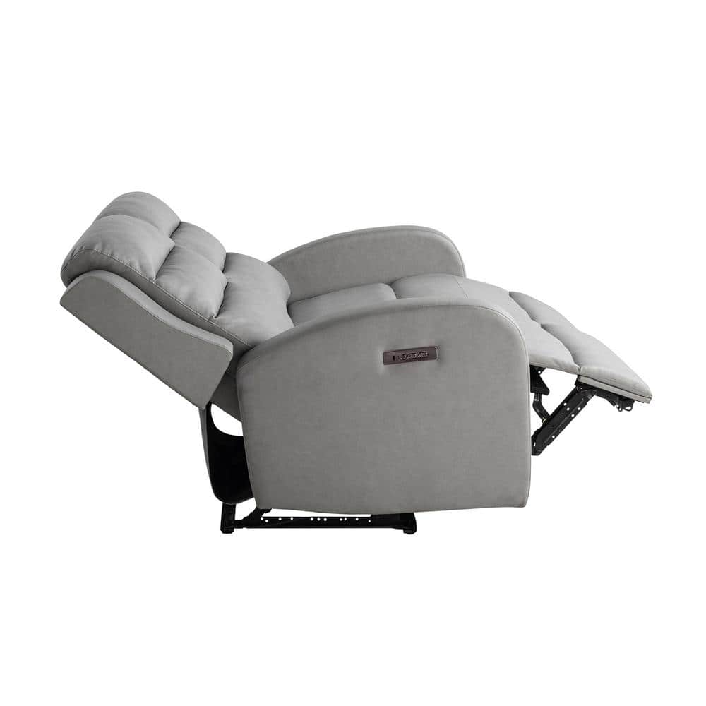 Gray Faux Leather Channel Tufted Reclining Loveseat with Acacia Wood